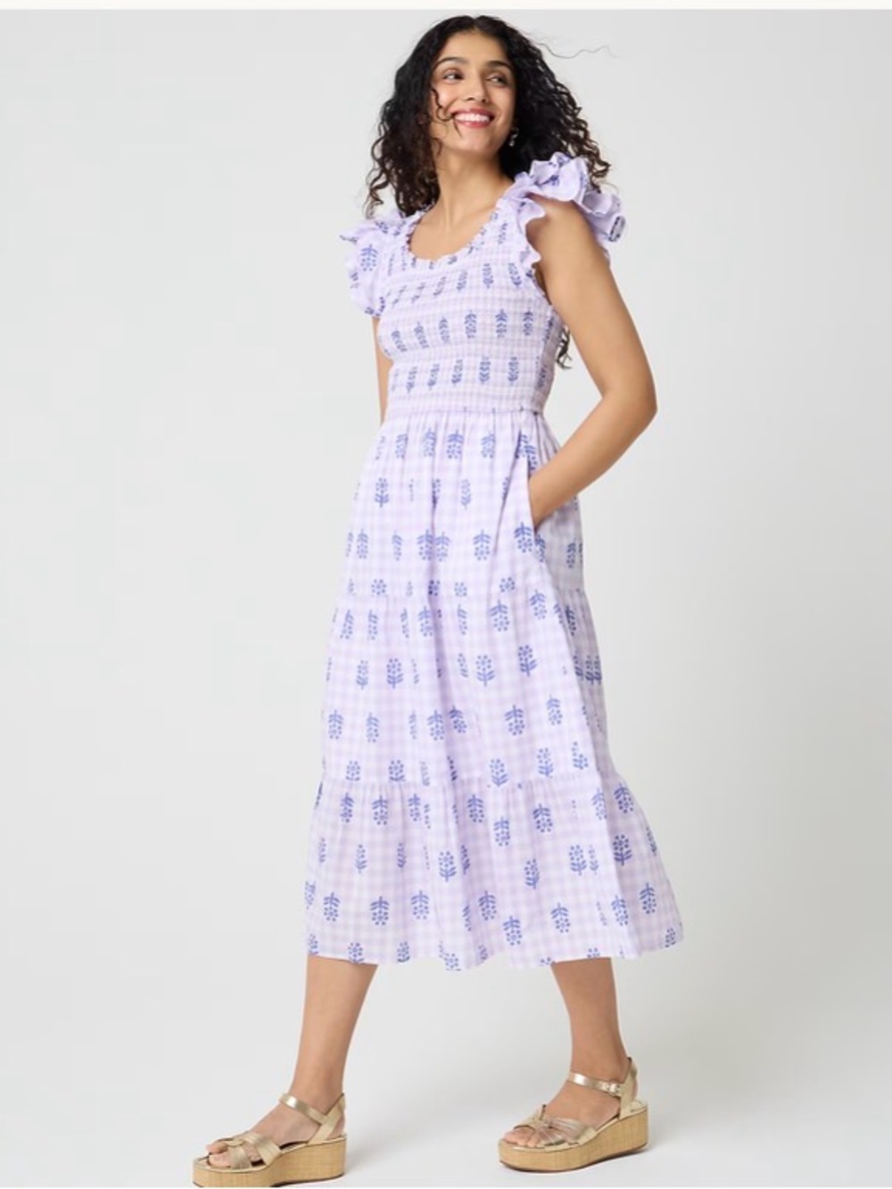 J-CREW RUFFLE SLEEVE SMOCKED MIDI DRESS FLORAL LAVENDER SIZE XXS